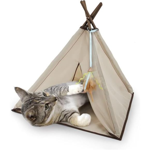 Kitty Camp Crinkle Cat Tent Hideaway with Feather Toy - Beige, One Size - Picture 3 of 7